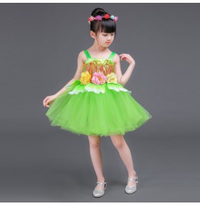Children princess dresses jazz singers chorus green spring stage performance dresses modern dance costumes for girls baby dance outfits
