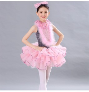 Children rabbit fur pink ballet dance Dress for girls tutu skirt ballet performance costumes ballerina ballet stage costume birthday party gift dress