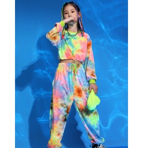 Children Rainbow color hiphop street jazz dance costumes rapper gogo dancers stage performance costumes girls model show jazz dance tops and pants