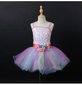 Children Rainbow colored ballet dance dresses girls ballet dance tutu skirts colorful suspenders ballet stage performance costume