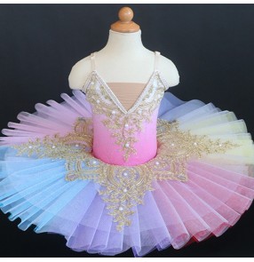 Children Rainbow colorful tutu skirts girls ballerina ballet dance dresses sleeping beauty girl little swan show group pancake ballet dance costume