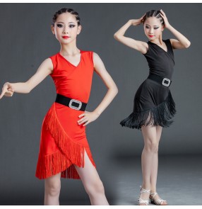 Children red black latin dance dresses kids fringed stage performance latin dance costumes for girls ballroom dance dresses
