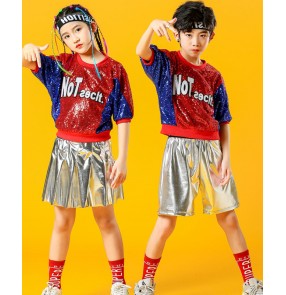 Children Red silver with blue sequin jazz dance costumes cheerleading performance school students Sportswear Kindergarten boys girls Street Dance Performance clothes