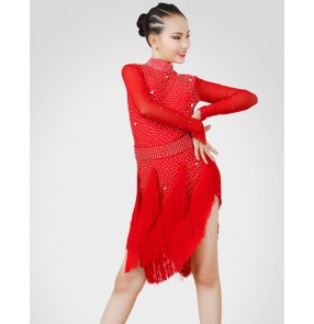 Children red tassels competition Latin dance dresses long sleeves performance clothing children's competition clothing diamond-studded high-neck performance clothing mesh fringed skirt