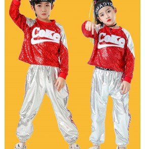 Children Royal blue red sequined Jazz Dance Costumes Street hiphop Dance outfits rap dance clothing Sportswear Kindergarten cheerleading dance clothes