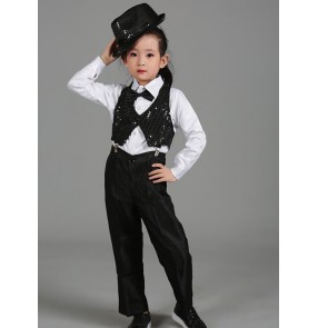 children's Black sequined jazz dance costumes kindergarten modern dance cane magician hip hop gogo dancer sequin performance outfits hip-hop outfits for boy girls