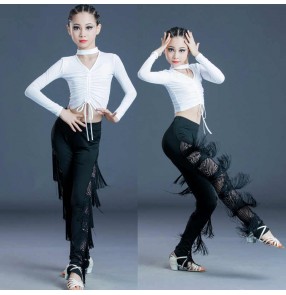 Children's black white lace fringed Latin dance dresses girls latin dance tops and tassels pants latin dancing clothing for kids