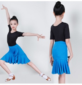 Children's black with blue Latin dance tops skirt girls competition practice clothes children's dance performance costumes