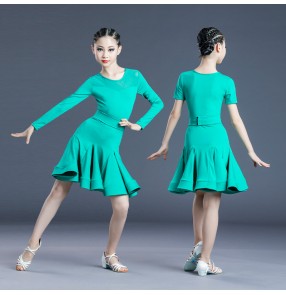 Children's blue green black latin dance costumes long sleeves Girls latin dance practice skirts children Latin dance competition test dress suit