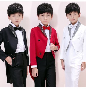 Children's boy Red black white  jazz dance tuxedo coat boy presided wedding magic conductor piano performance tops and pants for kids