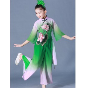 Children's Chinese classical green yangko folk dance dress girls fan umbrella performance clothes Chinese folk dance fan dance clothes