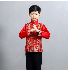 Children's Chinese dragon red silk Tang suit Chinese style festive costume Boy host elementary school chorus performance costume