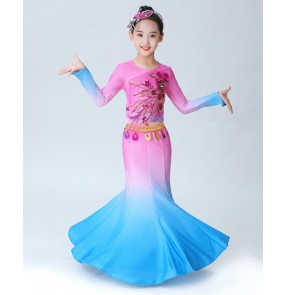 Children's Chinese folk Dai dance costume stage performance pink with blue peacock dance costume girls long fishtail skirt belly dance performance costume