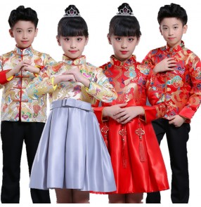 Children's Chinese folk dragon style chorus Tang suit costumes for boys girls New Year's Day Yangko princess performance clothing dress