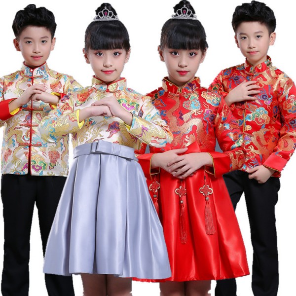 Children's Chinese folk dragon style chorus Tang suit costumes for boys ...