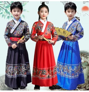 Children's chinese hanfu Boy girls Chinese style black red dragon robes knight swordman cosplay robes ancient traditional drama cosplay robes