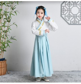 Children's Chinese hanfu school uniform boy white with blueTang suit Girls Chinese style stage performance drama cosplay costumes for boy girls