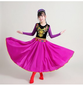 Children's chinese xinjiang dance costumes Xinjiang belly dance dance skirts Uighur costumes big swing skirts dance skirts Uyghur Hui stage for girls