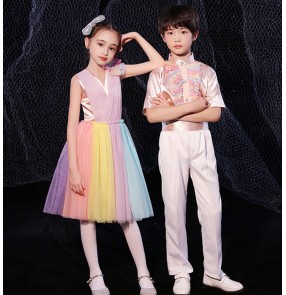 Children's chorus choir princess performance dress elementary middle school students poem reading rainbow performance costume for boy and girls dress suit