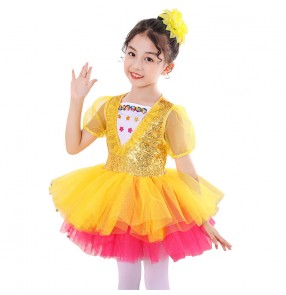 Children's chorus performance sequined princess dresses Kindergarten dance clothes girls pink blue gold jazz ballet dance dresses children's show performance chorus outfits