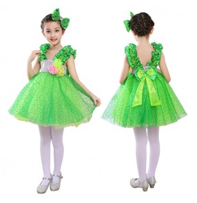 Children's chorus princess dresses green stage performance fairy jazz dance costumes kindergarten girls gauze skirt puff skirt  performance clothing