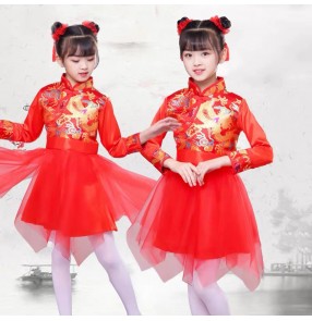 Children's dragon Chinese folk dance Costumes qipao dresses New year Festive lantern Performance dress Kindergarten Chinese Fan Dance Puffy Skirts