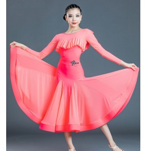 Children's girls ballroom dance dresses coral black Modern dance standard ballroom dancing dresses ruffles neck practice dance clothes standard modern dance skirt