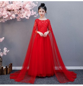 Children's Guzheng stage performance red princess fairy dresses Girls model show dress Temperament Long Elegant piano Performance Dresses