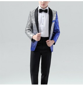 Children's host singers jazz dance blazers silver with blue sequin dress suit flower boys dress piano dress boy suit baby British style chorus glitter blazers