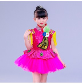 Children's jazz dance drum costumes royal blue pink modern dance girls petti skirt dress host Chorus piano stage performance clothing dresses