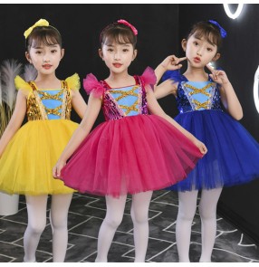 Children's jazz dance singers host performance costumes for girls kindergarten dance fluffy skirts blue hot pink yellow sequined princess dress jazz dance costumes