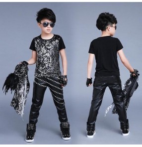 Children's jazz hip-hop rap dance costume boys model sequin rivet leather catwalk dance clothing Shelf drum stage performance costume