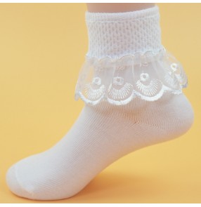 Children's kids ballet dance socks white colored latin ballroom dance princess stage performance lace short socks one pair