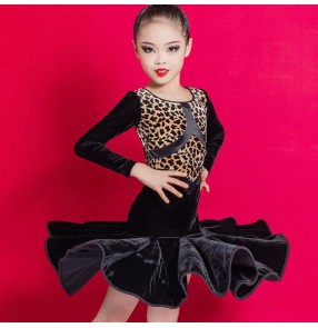 Children's leopard velvet Latin dance Dresses Girls' performance skirts children's dance clothes Standard long-sleeved competition dress training suit