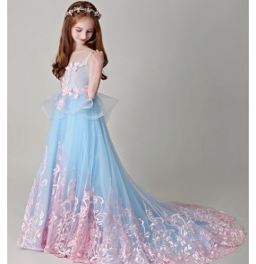 Children's light blue Host Piano Show Catwalk performance Dress Girls Wedding Dresses Trailing Flower Girl Dresses