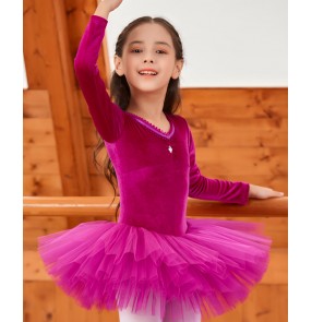 Children's long-sleeved  fuchsia blue velvet Ballet dance clothes girls practice exercises dance clothes ballet tutu skirt