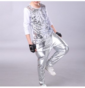 Children's long-sleeved Silver sequin jazz modern dance costumes boys drums hip-hop catwalk harem pants rap gogo dancers costumes