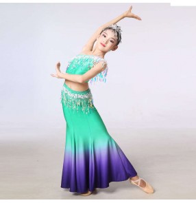 Children's mint green blue color Chinese folk dai dance costumes for Girls Dai dance sequins Thailand peacock dance dresses ethnic performance costume