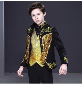 Children's model show jazz dance jackets catwalk singer chorus prince performance coats for boy black with gold dress suit handsome British piano host coats for boy