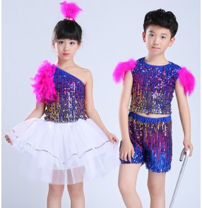 Children's pink blue jazz Dance Costumes Child Modern Stage Shows Sequins Girls Boy Hip Hop Dancing gogo dancers Costumes 