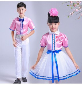 Children's pink colored choir dresses stage performance chorus costumes for boy girls primary school students poetry recitation children's chorus performance dresses