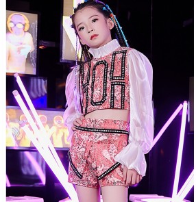 Children's pink sequined hip-hop suit Girl model gogo dancers clothing personality fashion catwalk fashion cool children's jazz dance costumes