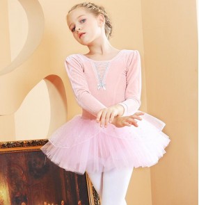 Children's pink velvet Tutu skirts ballet dance dresses girls children's performance clothes tutu pink velvet children's ballet practice clothes long sleeves