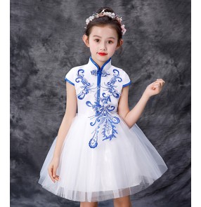 Children's Princess qipao dresses for boys and girls tang suit blue white porcelain choir pettiskirt dance performance costumes Chinese style dress chorus costumes