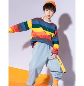 Children's Rainbow tops hip-hop street dance clothes Girls boys gogo dancers group dance costumes high waist jazz suit Performance suits