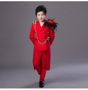 Children's red color feather singer stage performance costumes boys street dance drummer youth party red stage tuxedo coat and long pants