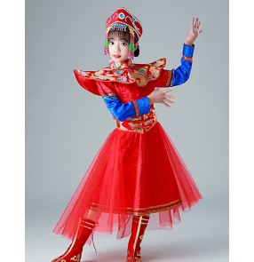 Children's red color Mongolian dance performance dresses for girls children Mongolian robe ethnic chorus stage performance gown for children