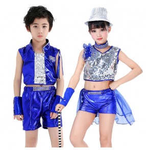 Children's Royal blue with silver jazz dance model show performance costumes kindergarten jazz boys girls gogo dancers modern dance sequined outfits