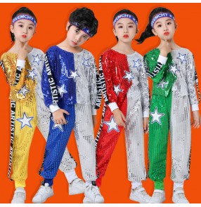 Children's Sequined jazz dance hip-hop cheerleading dance clothes boys girls short long-sleeved rap street dance costumes sequins student aerobics clothes