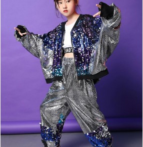 Children's silver blue sequin jazz dance costumes sequins glitter boys girls hip-hop street dance outfits singers gogo dancers modern dance costumes for kids